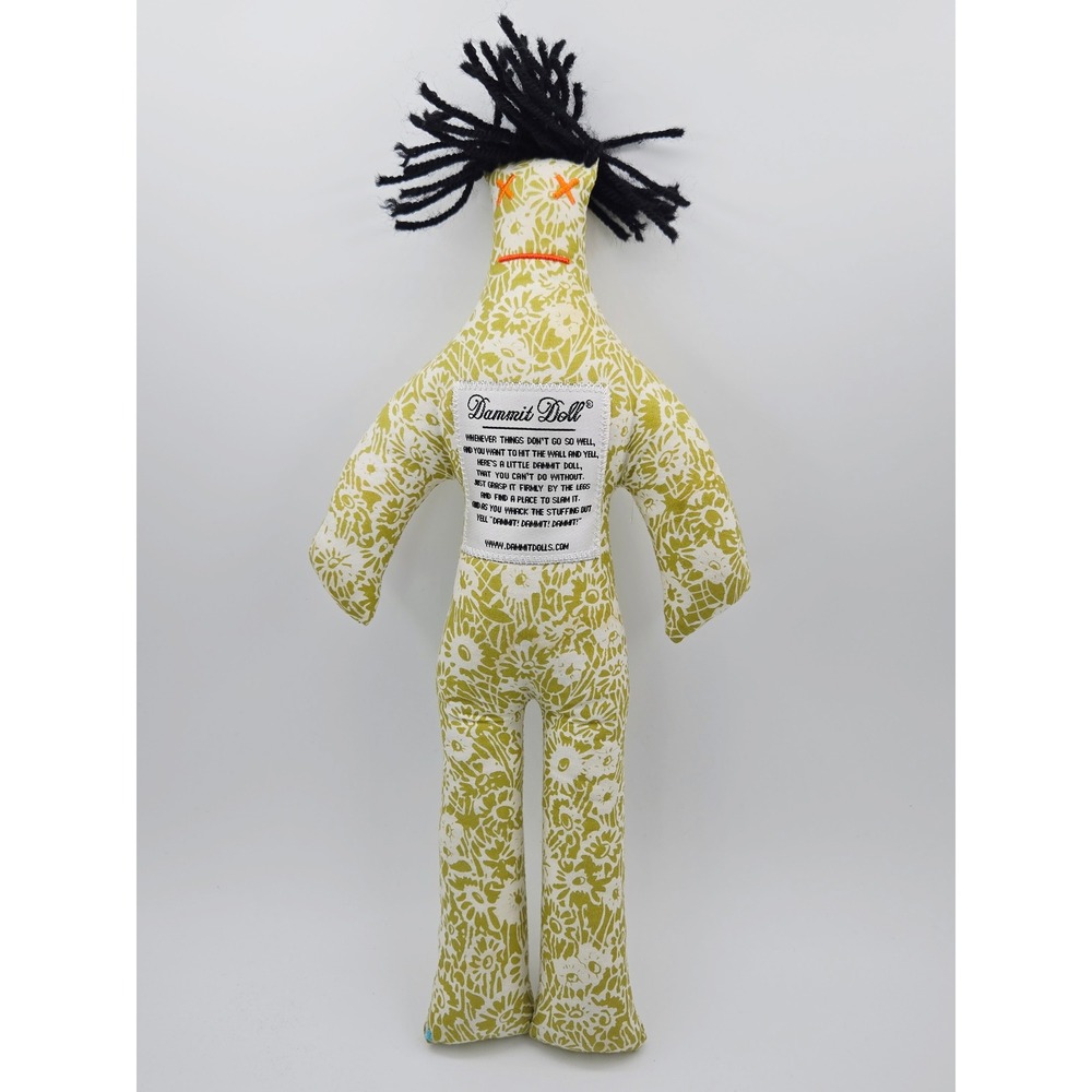 Dammit Doll Stress Relief Plush Chartreuse White Floral Pattern Yarn Hair Gift
